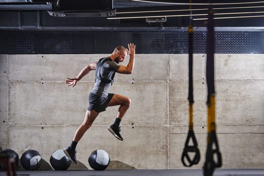 A muscular man captured in air as he jumps in a modern gym, showcasing his athleticism, power, and determination through a highintensity fitness routine.