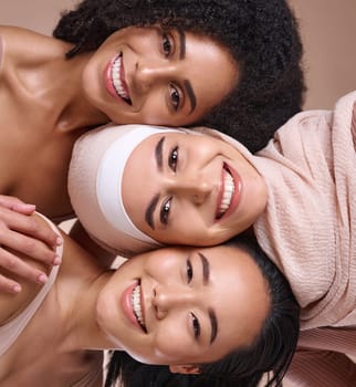 Face portrait, beauty and diversity of women in studio on a brown background. Cosmetics, skincare makeup and group of different female models happy with facial treatment for wellness and healthy skin.