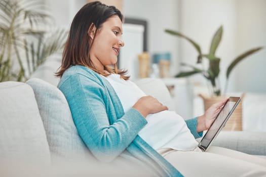 Pregnancy planning, relax and woman with a tablet, streaming movies and reading information on baby health. Pregnant research, healthcare and mother with social media on tech during maternity leave.