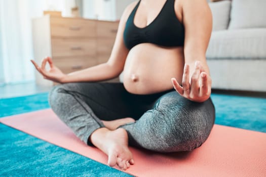 Yoga, pregnant and woman with meditation, lotus pose and peace, zen and calm with mindfulness, exercise for prenatal health. Self care, wellness and pregnancy fitness, pregnant woman and balance