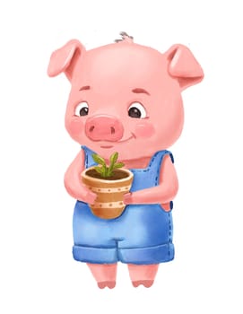 Cute smiling piglet boy with potted plant. Hand drawn illustration isolated on white.