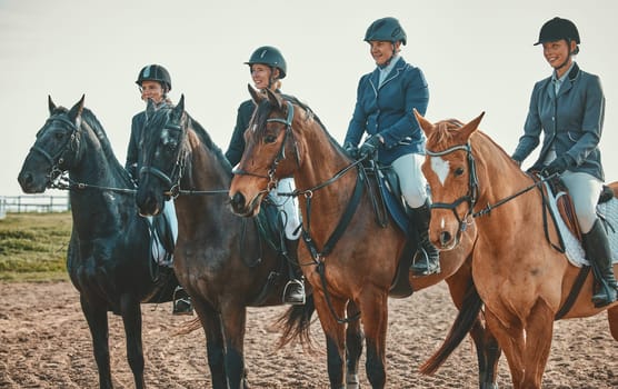 Equestrian, horse riding group and sport, women outdoor in countryside with rider or jockey, recreation and lifestyle. Animal, sports and fitness with athlete, competition with healthy hobby.