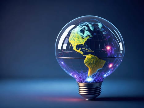 Eco friendly lightbulb in shape of planet earth, concept of Renewable Energy and Sustainable Living. concept business energy in nature on the world. Generative Ai