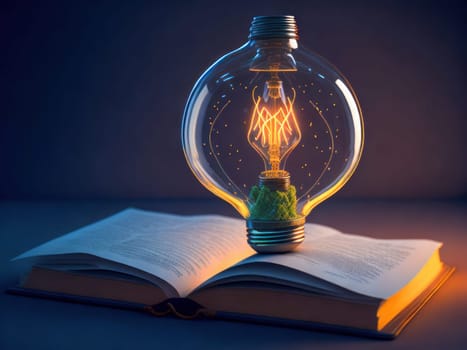 Eco friendly lightbulb on the open book with electric energy inside, concept of Renewable Energy and Sustainable Living. concept business energy in nature on the world. Generative Ai