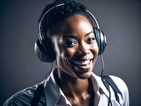 Smiling african american customer care representative working with headset in office. Black woman telemarketing agent working in call center. Generative Ai