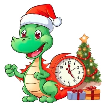 Illustration of a small green dragon in a red cap with a Christmas tree and presents on a white background. Year of the dragon. New Year illustration. High quality illustration