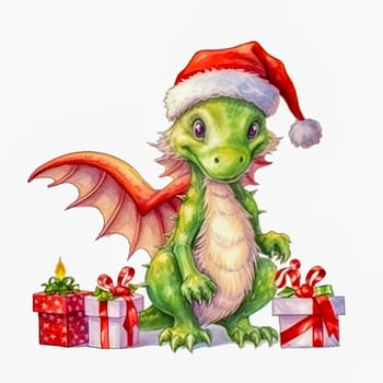 Illustration of a small green dragon in a red cap with a New Year's gift on a white background. Year of the dragon. New Year illustration. High quality photo