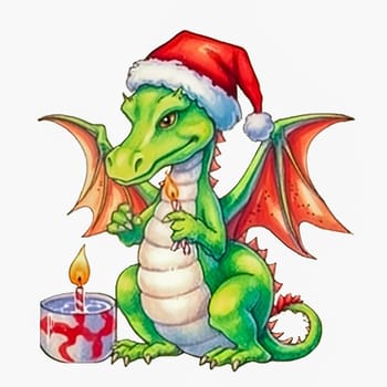 Illustration of a small green dragon in a red cap with a Christmas candle on a white background. Year of the dragon. New Year illustration. High quality illustration