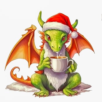 Illustration of a small green dragon in a red cap with a cup of coffee on a white background. Year of the dragon. New Year illustration. High quality illustration
