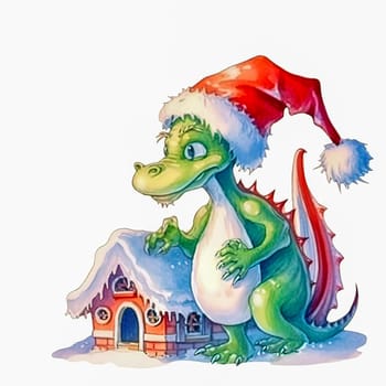 Illustration of a small green dragon in a red cap with a Christmas house on a white background. Year of the dragon. New Year illustration. High quality illustration