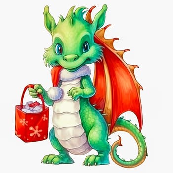 Illustration of a small green dragon in a red cap with a New Year's gift on a white background. Year of the dragon. New Year illustration. High quality photo