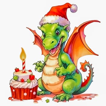 Illustration of a small green dragon in a red cap with a New Year's cake on a white background. Year of the dragon. New Year illustration. High quality illustration