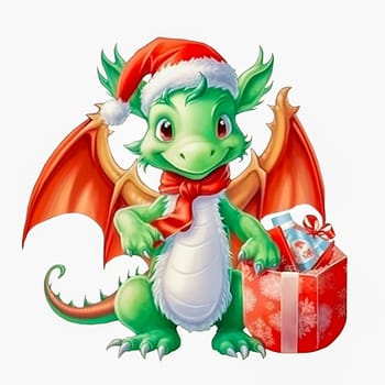 Illustration of a small green dragon in a red cap with a New Year's gift on a white background. Year of the dragon. New Year illustration. High quality photo