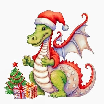 Illustration of a small green dragon in a red cap with a Christmas tree and presents on a white background. Year of the dragon. New Year illustration. High quality illustration