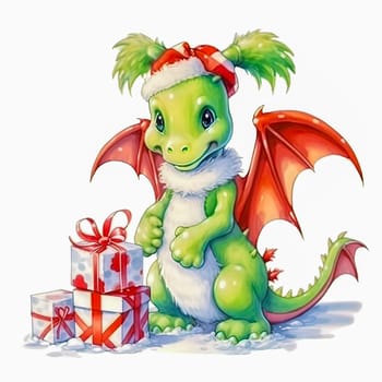 Illustration of a small green dragon in a red cap with a New Year's gift on a white background. Year of the dragon. New Year illustration. High quality photo