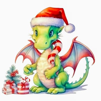 Illustration of a small green dragon in a red cap with a Christmas tree and presents on a white background. Year of the dragon. New Year illustration. High quality illustration