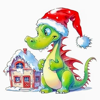 Illustration of a small green dragon in a red cap with a Christmas house on a white background. Year of the dragon. New Year illustration. High quality illustration