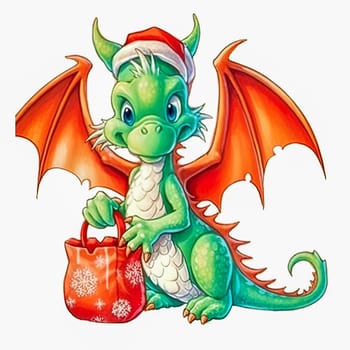 Illustration of a small green dragon in a red cap with a New Year's gift on a white background. Year of the dragon. New Year illustration. High quality photo