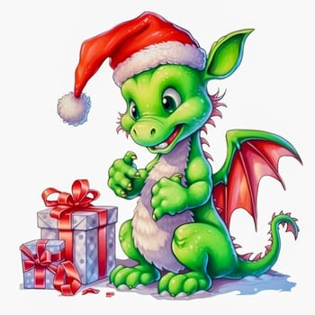 Illustration of a small green dragon in a red cap with a New Year's gift on a white background. Year of the dragon. New Year illustration. High quality photo