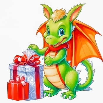 Illustration of a small green dragon in a red cap with a New Year's gift on a white background. Year of the dragon. New Year illustration. High quality photo