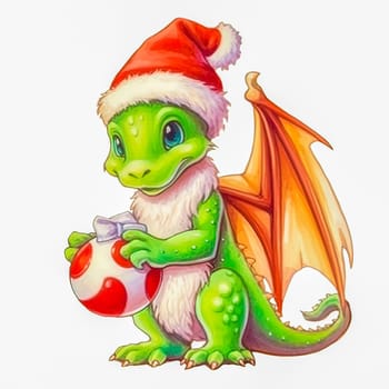 Illustration of a small green dragon in a red cap with a Christmas tree ball on a white background. Year of the dragon. New Year illustration. High quality illustration