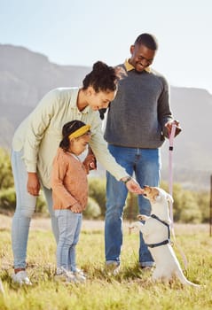 Happy family with a dog in nature to relax in summer holidays or vacation walking or playing with a cute pet. Mother, father and girl child enjoy bonding or dog training a jack russell puppy animal.