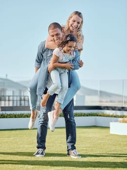 Family, happy and playful together outdoor for love, support and quality time in nature park on summer vacation. Father, mother and child happiness, piggyback bonding and sunshine on travel holiday.