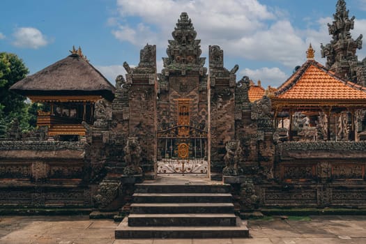 Entrance steps in balinese traditional temple. Indonesian architecture of praying pura complex places