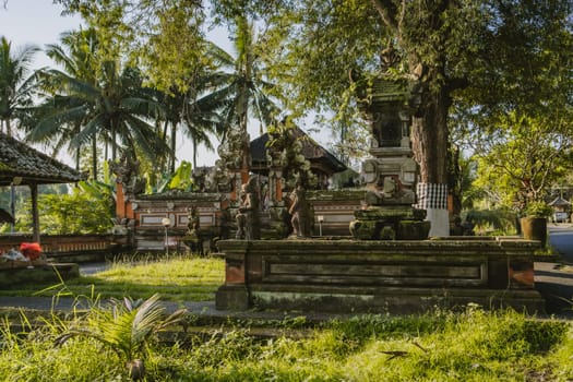 Balinese Hinduism temple architecture. Old traditional indonesian buildings in jungle, holly praying place