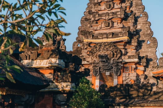 Close up shot of bali temple on sky background. Indonesian architecture of holly pura temple