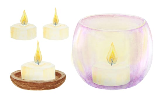 Set of violet glass and wooden candlesticks, candles. Hand drawn watercolor illustration. Good for event, Christmas decoration, romantic, wedding, interior designs