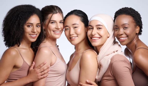 Women face, studio beauty and diversity, global community and support with self love, wellness and healthy skincare. Portrait, group inclusion and female models in solidarity of international culture.