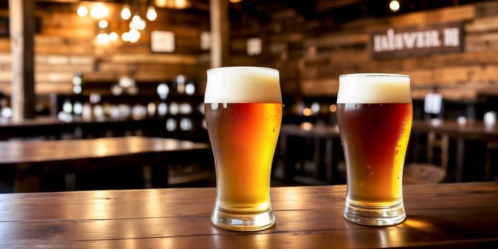 Two freshly poured glasses of light beer with foam close-up on a bar counter or wooden table against a background of a blurred country pub with dim lighting. Generative AI