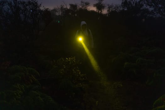 Front view of night man walking with flashlight. Tourist searching road in darknese jungle