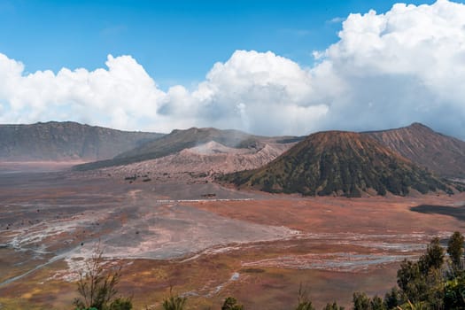 Landscape view of bromo volcano with cloudy sky. Misty bromo tengger Semeru National Park