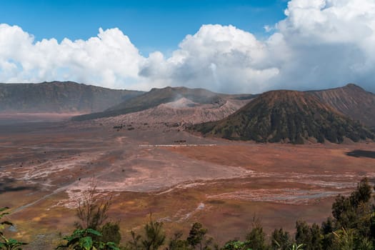 Landscape view of bromo volcano with cloudy sky. Misty bromo tengger Semeru National Park