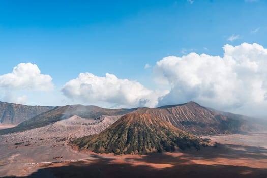 Landscape view of bromo volcano with cloudy sky. Misty bromo tengger Semeru National Park