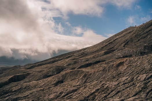 Landscape view of Bromo mount crater in fog. Semeru National Park in Indonesia volcanic reservation