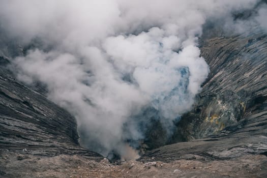 Close up shot of smoke crater volcano Bromo. Semeru National Park in Indonesia volcanic reservation