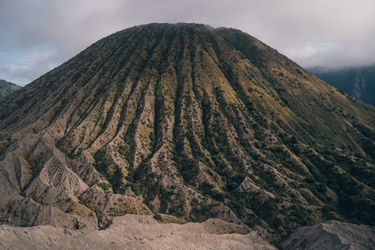 Side view of Bromo mount volcano. Landscape view of mountain vegetation in Semeru National Park