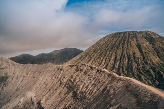 Landscape view of footpath to mount Bromo. Trekking route to top viewpoint on Bromo volcano