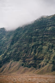 Close up shot of Bromo hills in fog. Foggy Bromo mount volcano, tropical savanna and desert vegetation