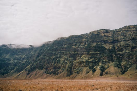 Close up shot of Bromo hills in fog. Foggy Bromo mount volcano, tropical savanna and desert vegetation