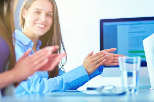 Photo of partners clapping hands after business seminar. Professional education, work meeting, presentation .