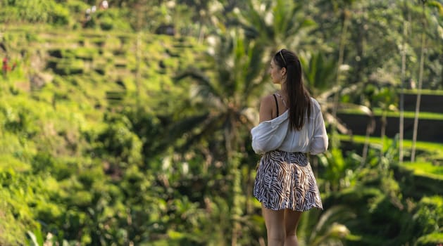 Back view of young stylish lady with rice terrace background. Discovering balinese agriculture and paddy fields