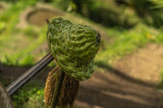 Close up shot of green traditional balinese hat. Handmade hat made from coconut leaves