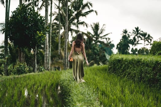 Stylish lady in green sexy dress on footpath rice terrace. Young elegant lady admiring evergreen balinese nature