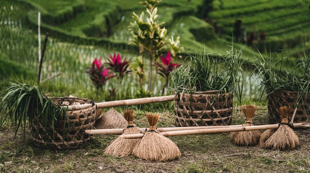 Close up shot of rice harvesting straw baskets. Rice plantation manual working tools