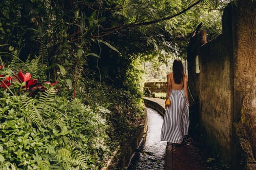 Walking girl in balinese lush garden. Elegant lady in dress exploring bali architecture and vegetation