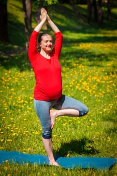 Pregnancy yoga exercise - pregnant woman doing asana vrikshasana tree pose outdoors on grass lawn with dandelions in summer